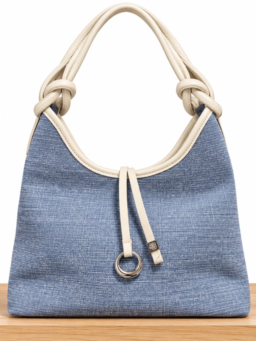 Cream-Trim Blue Hobo Bag